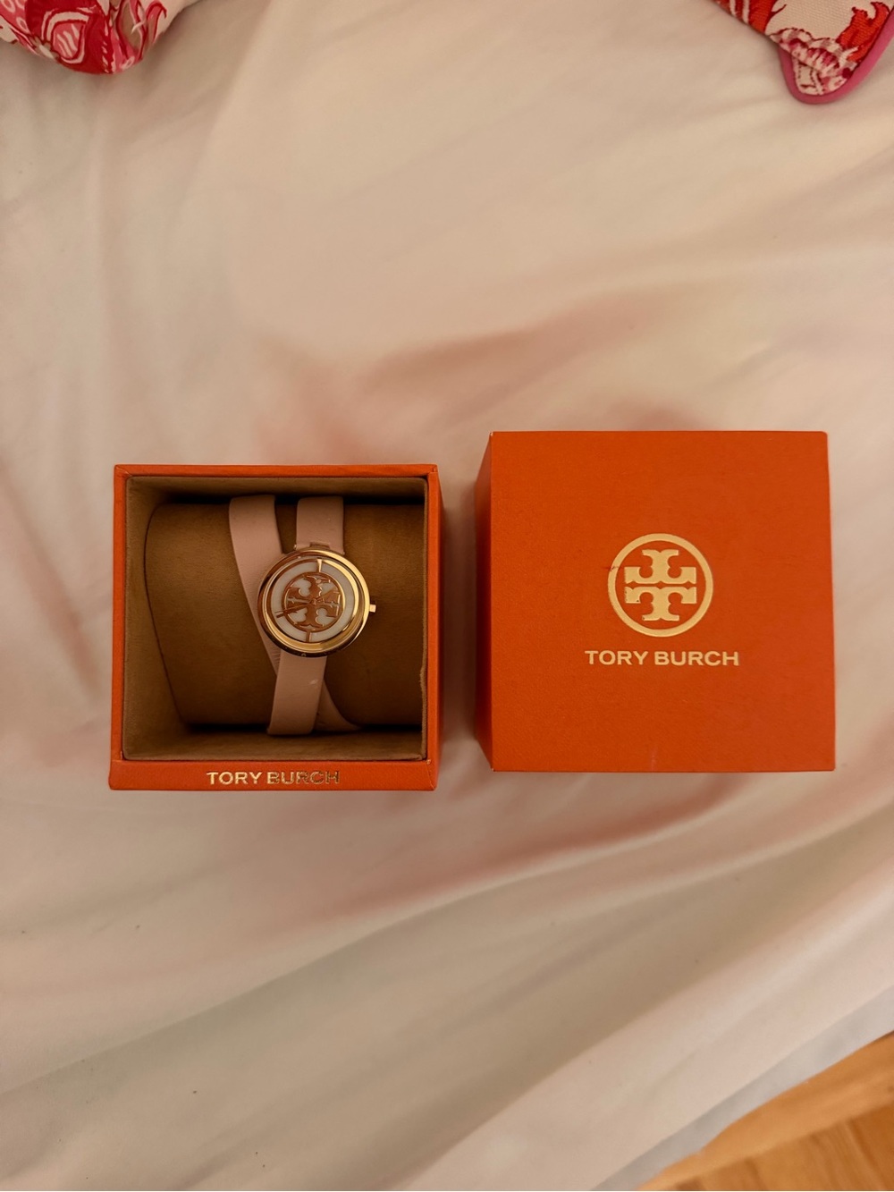 Tory Burch Blush Leather Wrap Watch with Gold Logo Dial